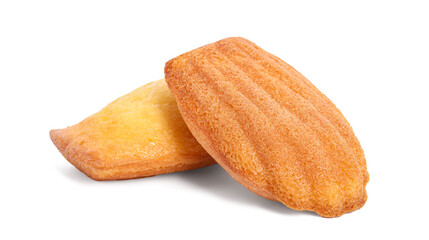 Delicious homemade madeleine cakes on white background