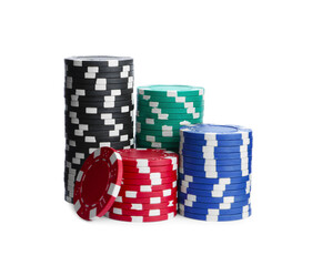 Plastic casino chips stacked on white background. Poker game