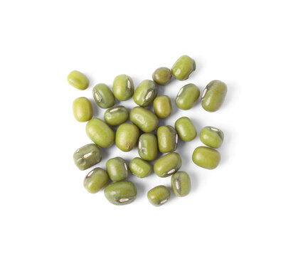 Green mung beans on white background, top view. Organic grains