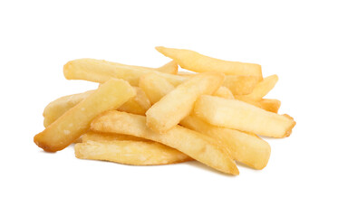 Delicious fresh french fries on white background