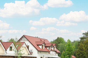 Fototapeta na wymiar Modern buildings with red roofs near forest on spring day
