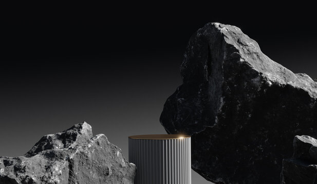 3D background, stone podium display. Beauty cosmetic product promotion black pedestal with gold. Natural rough rock and sun shadow.  Concrete gray abstract showcase. Minimal studio 3D render.  
