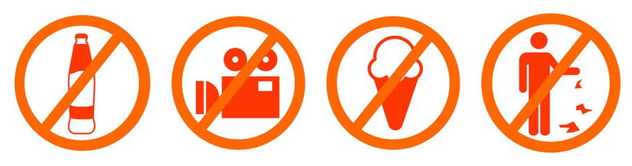 Various prohibition signs in orange on a white background, vector illustration.