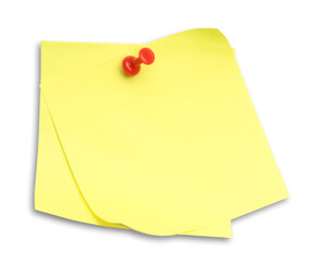Blank yellow notes pinned on white background, top view