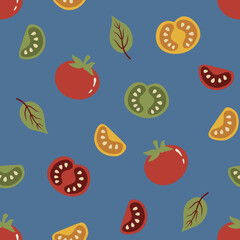 Tomato and basil illustration seamless pattern