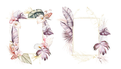 Watercolor tropical frames set, invitation design for wedding or greeting card. Floral frames with palm leaves, tropical blooms. . High quality illustration