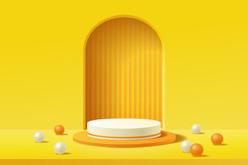 Empty 3d white and orange round podium with yellow abstract geometric shape arch style background