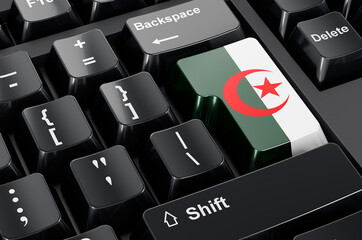 Algerian flag painted on computer keyboard. Online business, education, shopping in Algeria concept. 3D rendering