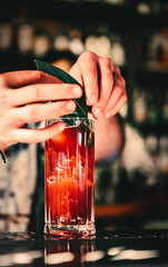 The bartender making cocktail Bloody Mary in a nightclub bar