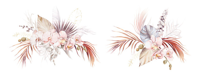 Watercolor summer invitations bouquets with hand painted tropical pink flowers, branches of violet, brownleaves. Romantic floral bouquet perfect for wedding greeting cards, invitation and more. High