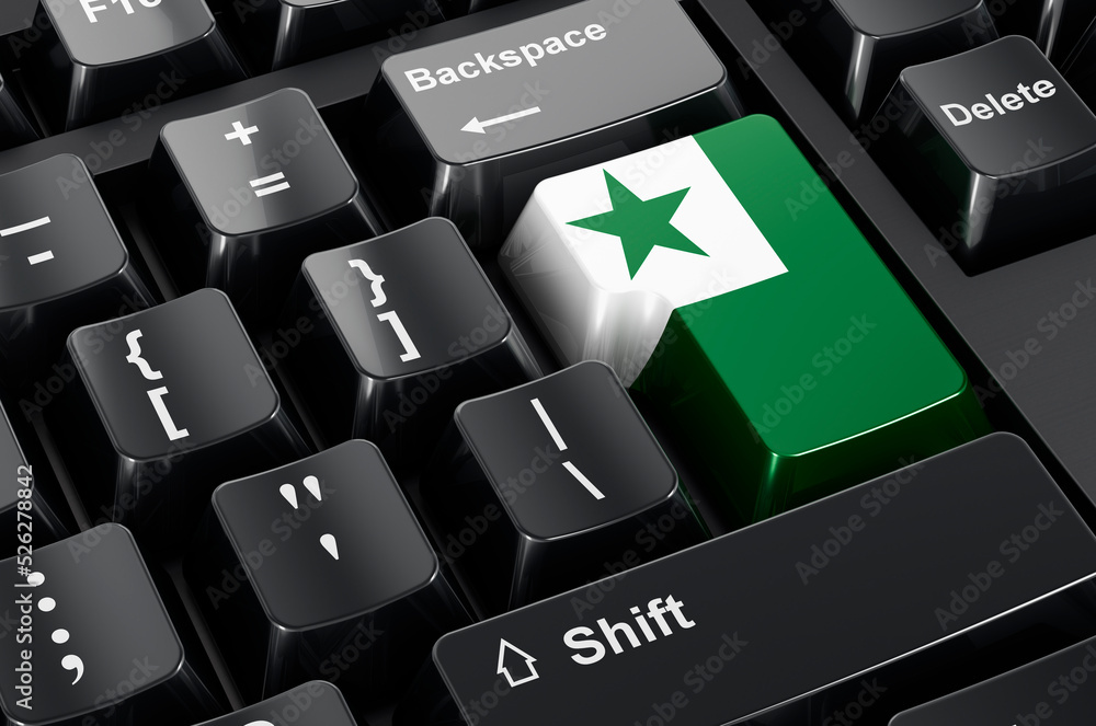 Poster esperanto flag painted on computer keyboard. 3d rendering