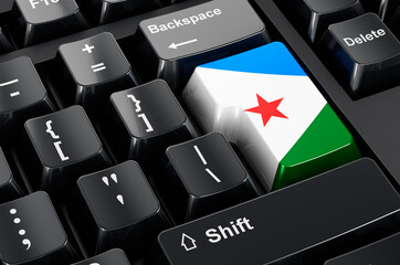 Djiboutian flag painted on computer keyboard. Online business, education, shopping in Djibouti concept. 3D rendering