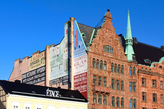 Malm&ouml;, Sweden - July 25, 2022: Apoteket Lejonet on stortorget square, oldest pharmacy in Sweden and painted advertising