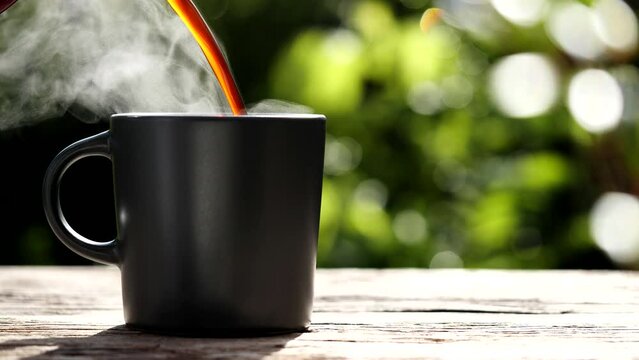 Pouring hot coffee into black coffee cup, mug with on old wood table in morning sunlight nature background, Close-up pouring hot coffee with steaming smoke, slow motion. Hot Drink Concept