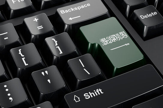 Saudi Arabian flag painted on computer keyboard. Online business, education, shopping in Saudi Arabia concept. 3D rendering