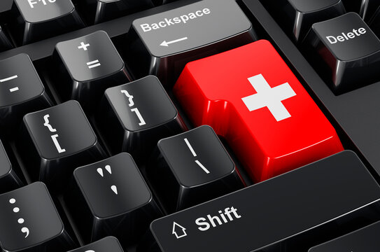 Swiss flag painted on computer keyboard. Online business, education, shopping in Switzerland concept. 3D rendering