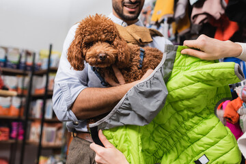 Cropped view of woman holding animal jacket near boyfriend with poodle in pet shop