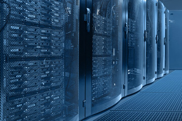 Working data center. Centers data center with multiple rows. Data center in server room with server...