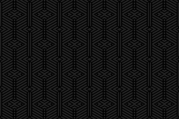 Embossed decorative black background, ethnic cover design. 3D pattern of geometric shapes, lines, stripes. Art deco style. Folk traditional ornaments of the East, Asia, India, Mexico, Aztecs, Peru.