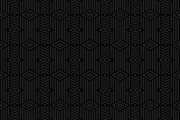 Embossed abstract black background, cover ethnic design. 3D pattern of geometric shapes, lines, stripes. Art deco style. Folk traditional ornaments of the East, Asia, India, Mexico, Aztecs, Peru.