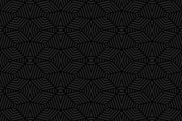 Embossed trendy black background, ethnic cover design. 3D pattern of geometric shapes, lines, stripes. Art deco style. Folk traditional ornaments of the East, Asia, India, Mexico, Aztecs, Peru.
