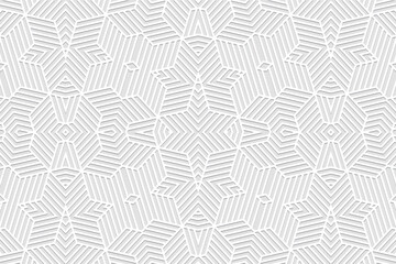 Embossed creative white background, ethnic cover design. 3D pattern of geometric shapes, lines, stripes. Art deco style. Folk traditional ornaments of the East, Asia, India, Mexico, Aztecs, Peru.