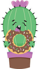 Vector cute baby cactus in the pot eating a donut. Vector illustration.