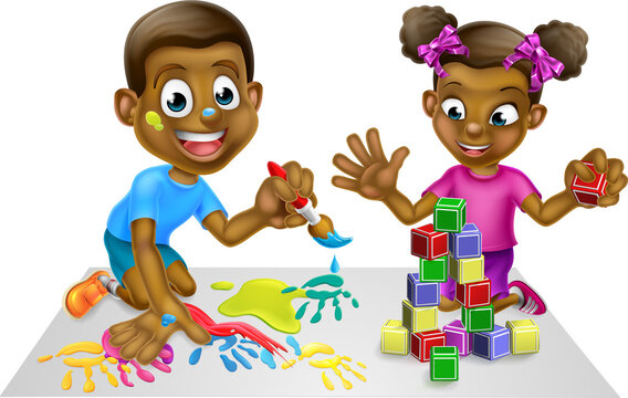 Cartoon Kids with Paint and Blocks