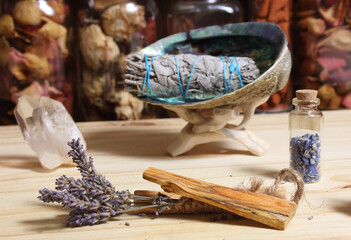 Dried Lavender With Palo Santo Wood and Abalone Shell For Smudging Ritual