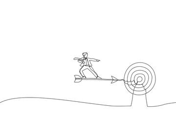Cartoon of businessman riding on arrow. Continuous line art style