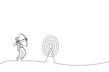 Drawing of blindfolded businessman shooting arrow and missed the target. Single continuous line art