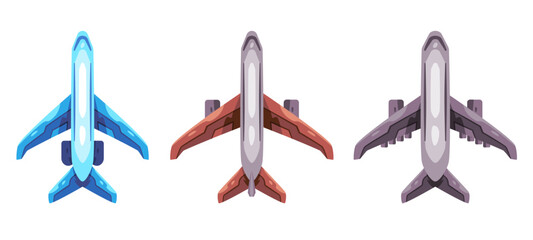 Commercial airplane aircraft top view in colorful graphic game asset collection
