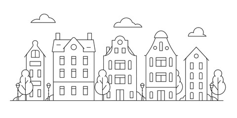 Black and white banner of street in european town. Coloring page with old buildings. Vector illustration in outline flat style