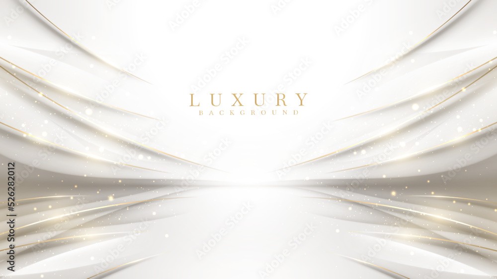 Poster luxury white background with golden line elements and curve light effect decoration and bokeh.