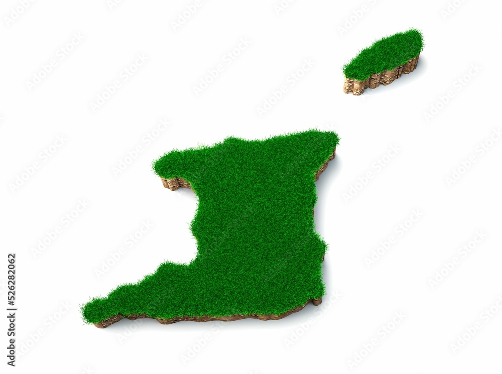 Poster 3d rendering of the trinidad and tobago map made of soil and grass on a white background