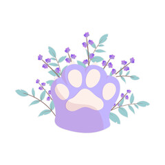 Vector cat's paw with flowers in shades of gray. Flat illustration of a cat's leg. Cat Day.	
