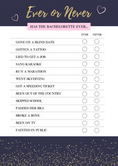 Ever or Never Game, Bachelorette Party Game, Fun Hen Party Game, Bridal Shower Game, printable vector card