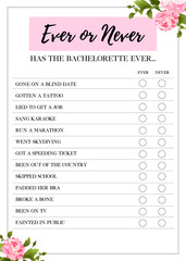 Ever or Never Game, Bachelorette Party Game, Fun Hen Party Game, Bridal Shower Game, printable vector card