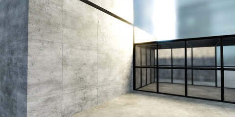 modern concrete building wall background with glass and metal elements 3d render illustration