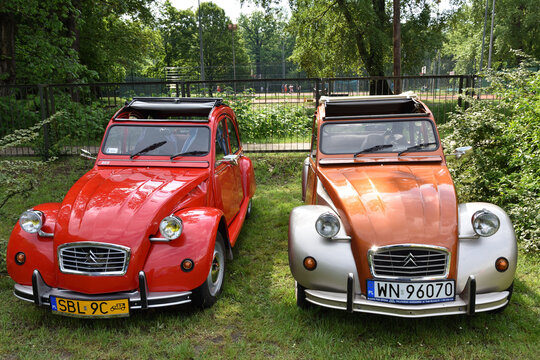 Citroen 2CV6, two vintage cars. Annual gathering of vintage Citroens. WARSAW, POLAND - MAY 18, 2019