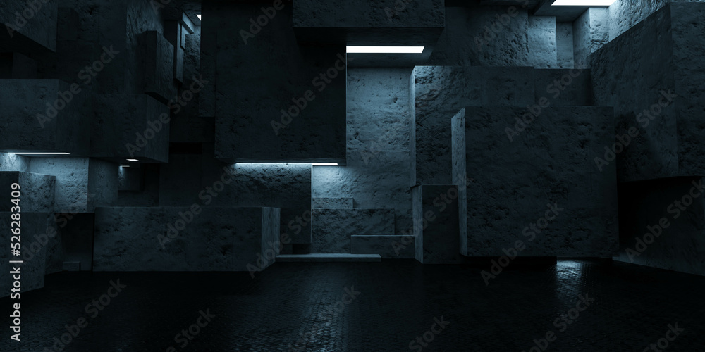 Poster dark abstract concrete cube geometric shape cube elements with led lights 3d render illustration