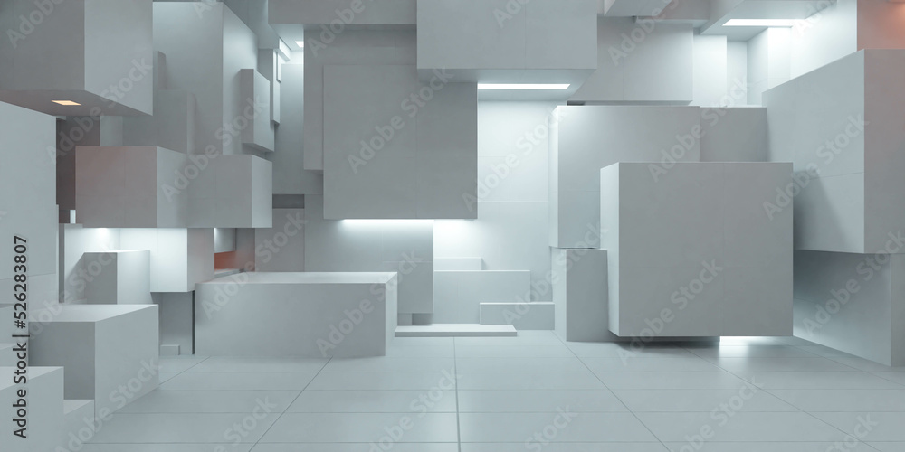 Poster bright white abstract cube geometric shape cube elements with white ights 3d render illustration