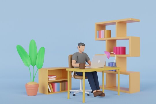 Home Office 3D render. 3D illustration of young man using laptop and working at the desk in office with coffee cup. Workplace concept. 3d rendering