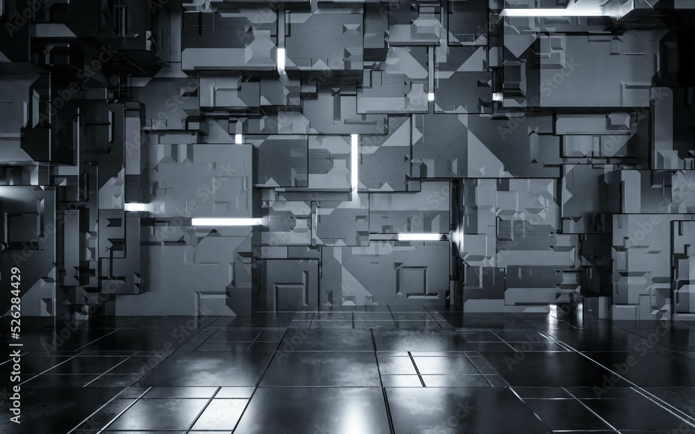 Poster abstract cubic design with metallic technology surface building empty wall room studio interior 3d r