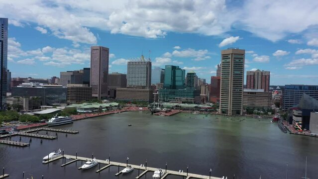 Turning aerial panoramic view of Baltimore City Inner Harbor with buildings, fells point, little italy.