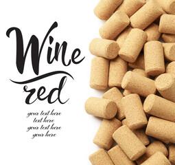 Wine bottle corks on white background, top view. Space for design