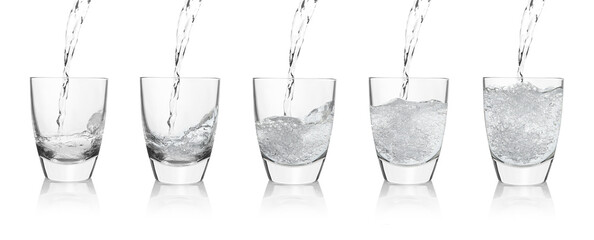 Pouring soda water into glasses on white background, collage. Banner design