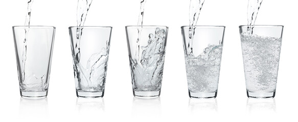 Pouring soda water into glasses on white background, collage. Banner design