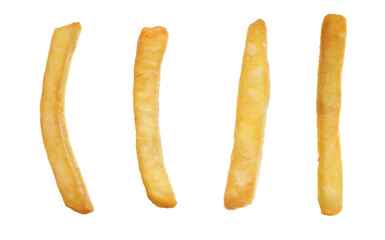 Set with delicious french fries on white background