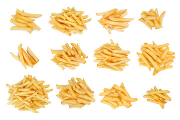 Set of delicious french fries on white background, top view